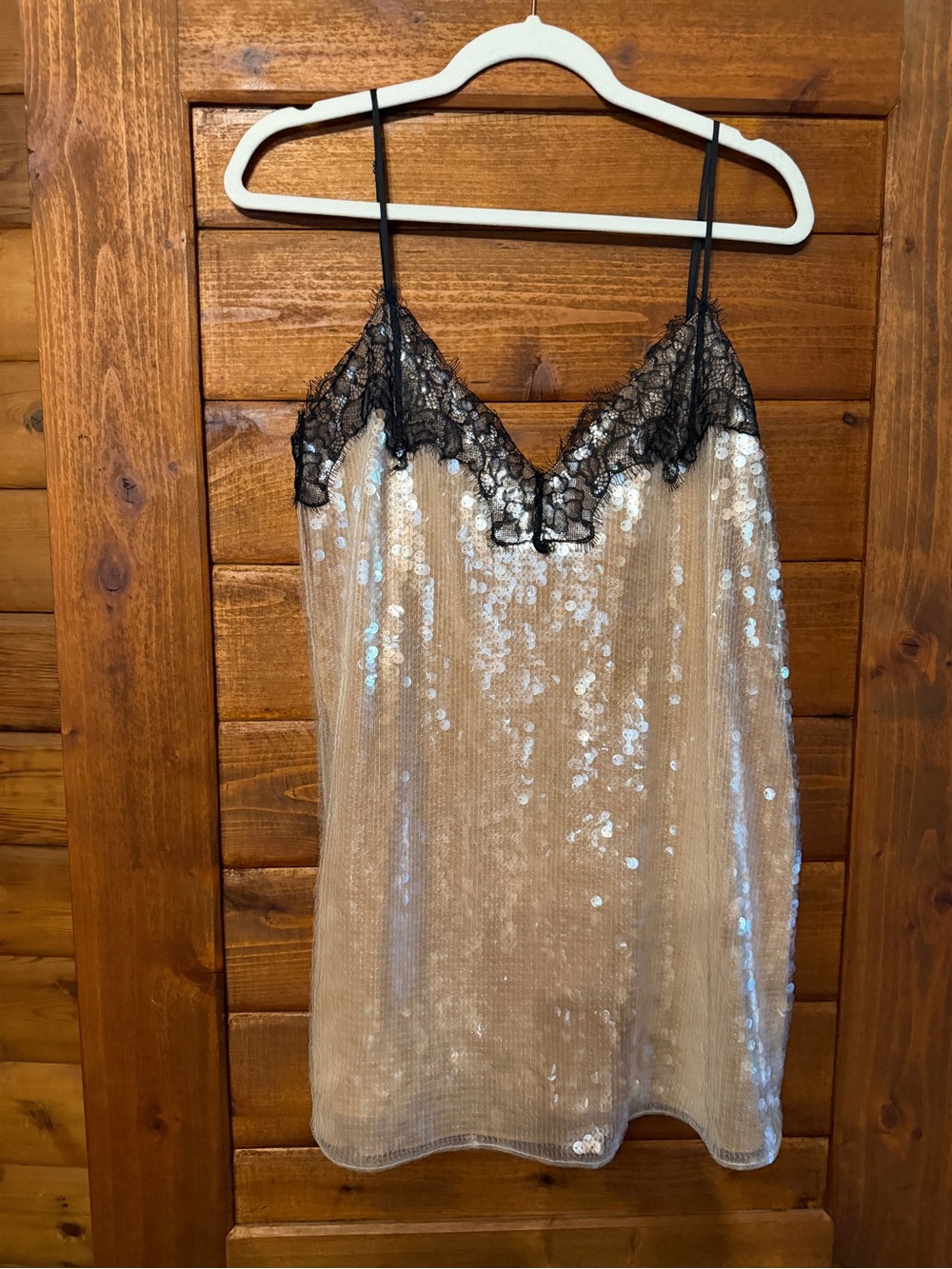 Retrofete Nude Sequin Mini Dress with Black Lace Trim